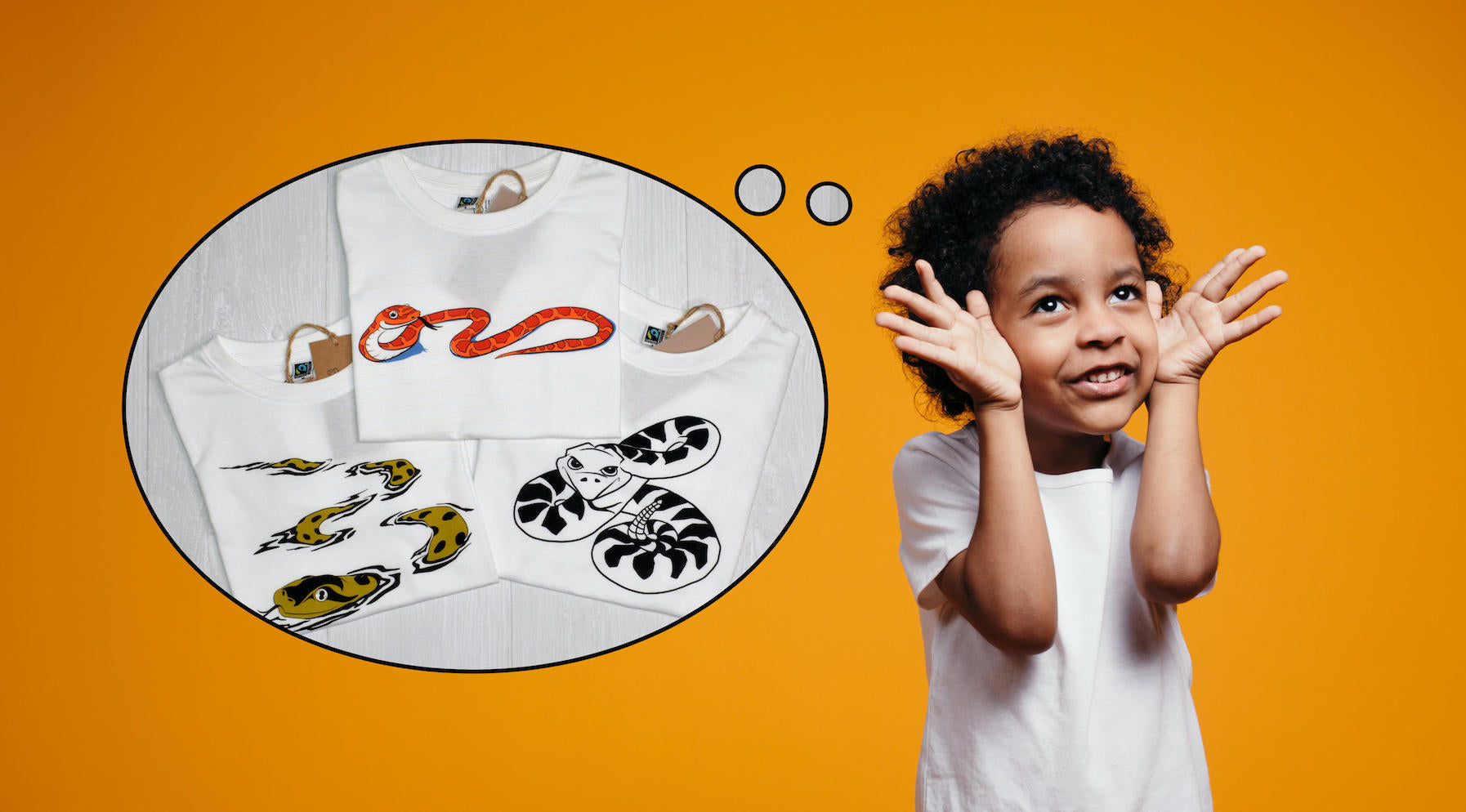 A young boy in a plain white t-shirt dreams of three shirts with snake prints on them. One shirt has a corn snake print, another has a swimming anaconda, and the third has a rattlesnake printed on it.