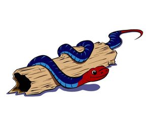 An image of a Blue Coral Snake draped over a piece of wood. This cartoon illustration is wrapped around an 11 ounce (313mL) mug. 
