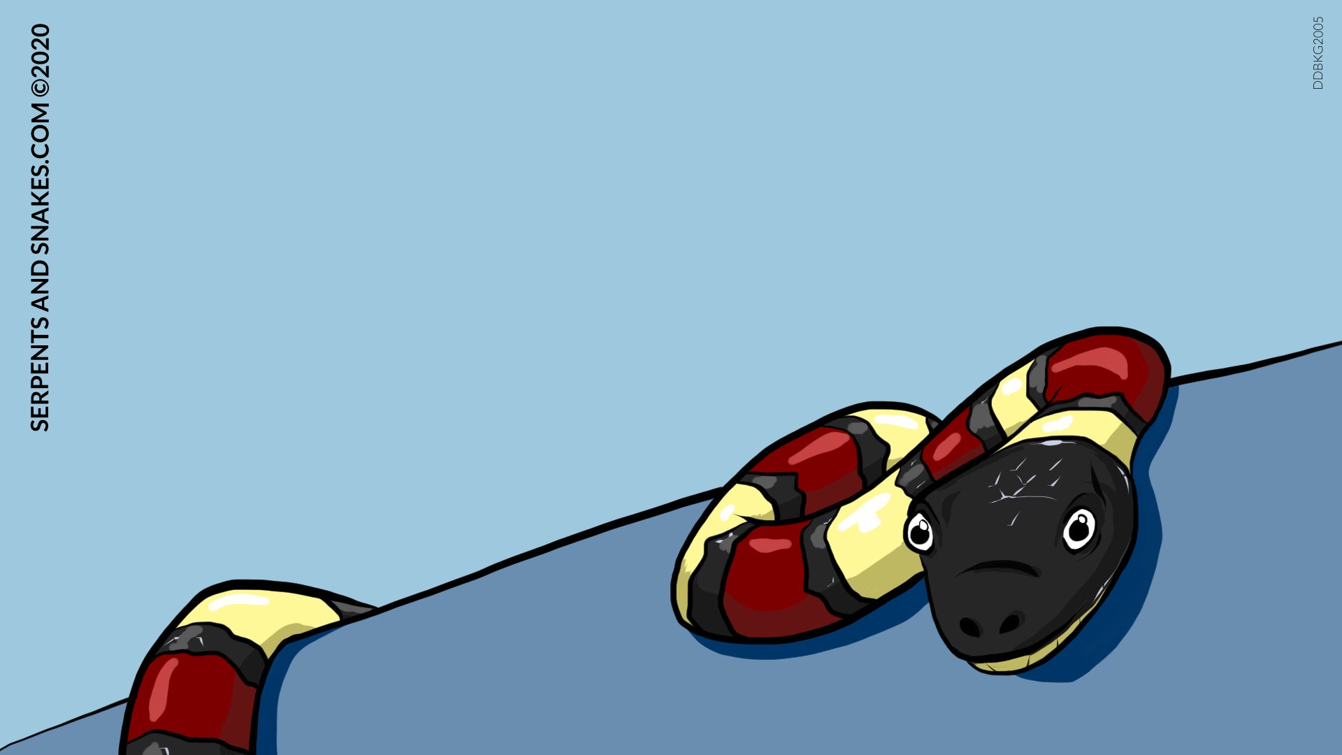 Digital Background. A cartoon King snake is lounging on a blue-grey surface.The snake has a black head, and its body alternates between yellow, black and red bands. Created by Serpents and Snakes copyright 2020
